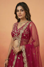 Dark Pink Chinon Silk Lehenga Choli with Pearl & Sequin Woodland Motifs