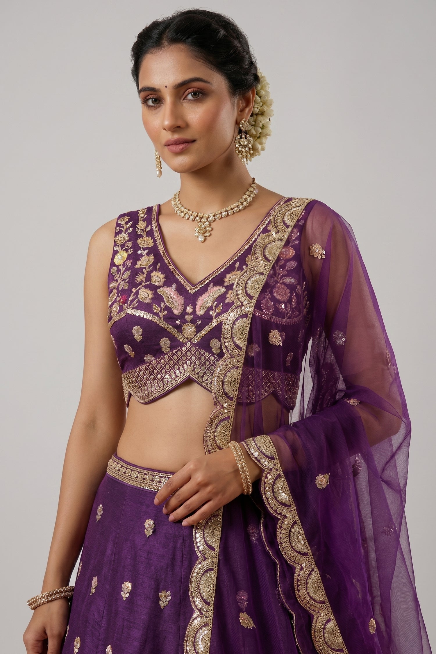 Deep Royal Purple Chinon Silk Lehenga Choli with Pearl & Sequin Woodland Motifs Secondary image