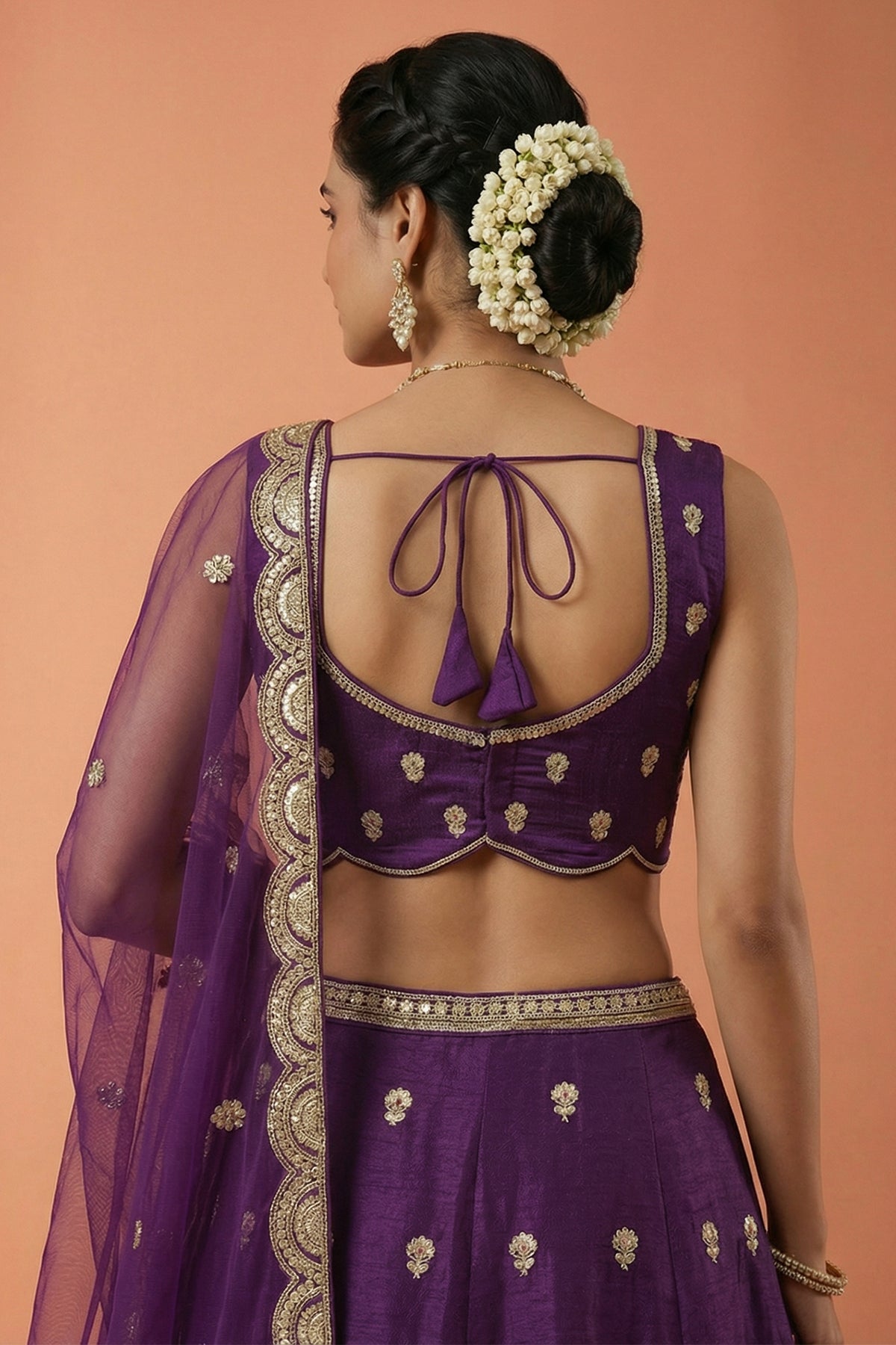 Deep Royal Purple Chinon Silk Lehenga Choli with Pearl & Sequin Woodland Motifs