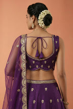 Deep Royal Purple Chinon Silk Lehenga Choli with Pearl & Sequin Woodland Motifs