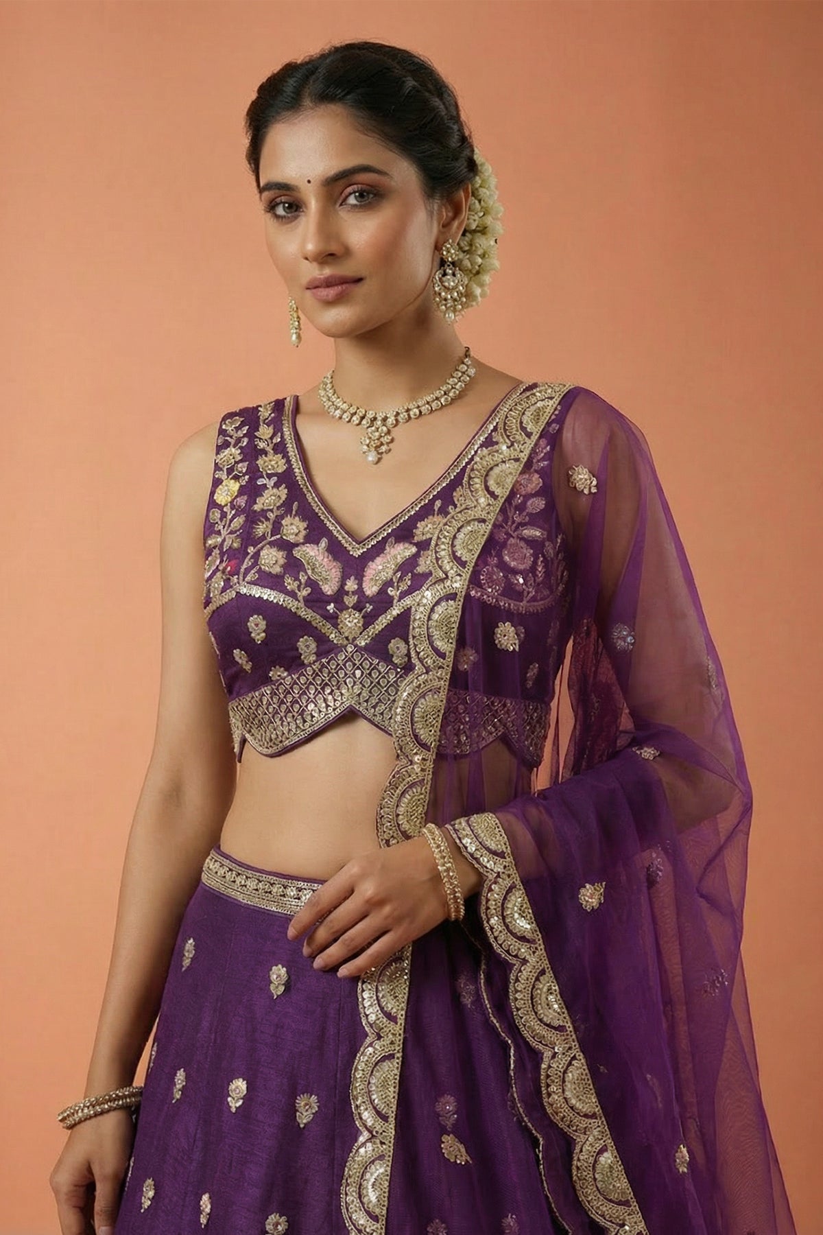 Deep Royal Purple Chinon Silk Lehenga Choli with Pearl & Sequin Woodland Motifs
