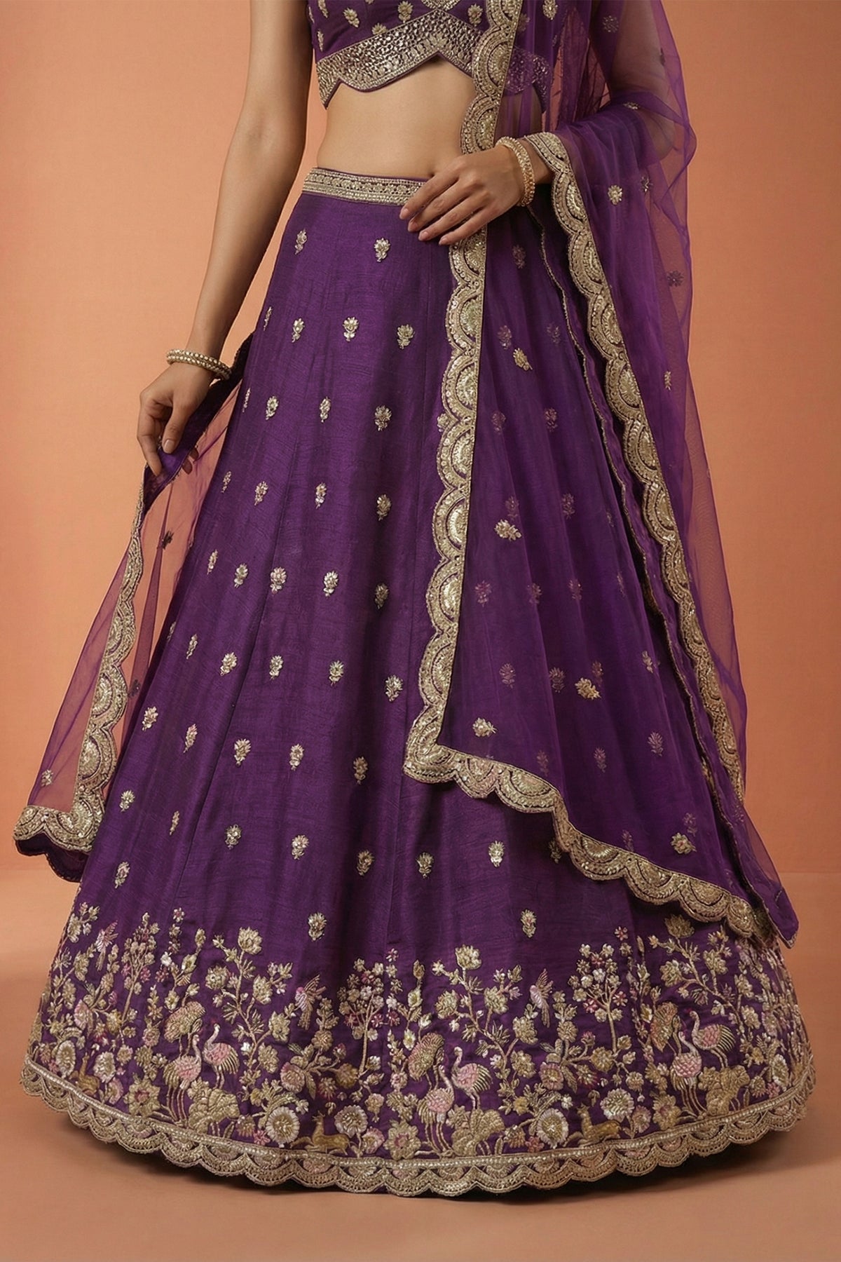 Deep Royal Purple Chinon Silk Lehenga Choli with Pearl & Sequin Woodland Motifs