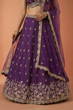 Deep Royal Purple Chinon Silk Lehenga Choli with Pearl & Sequin Woodland Motifs
