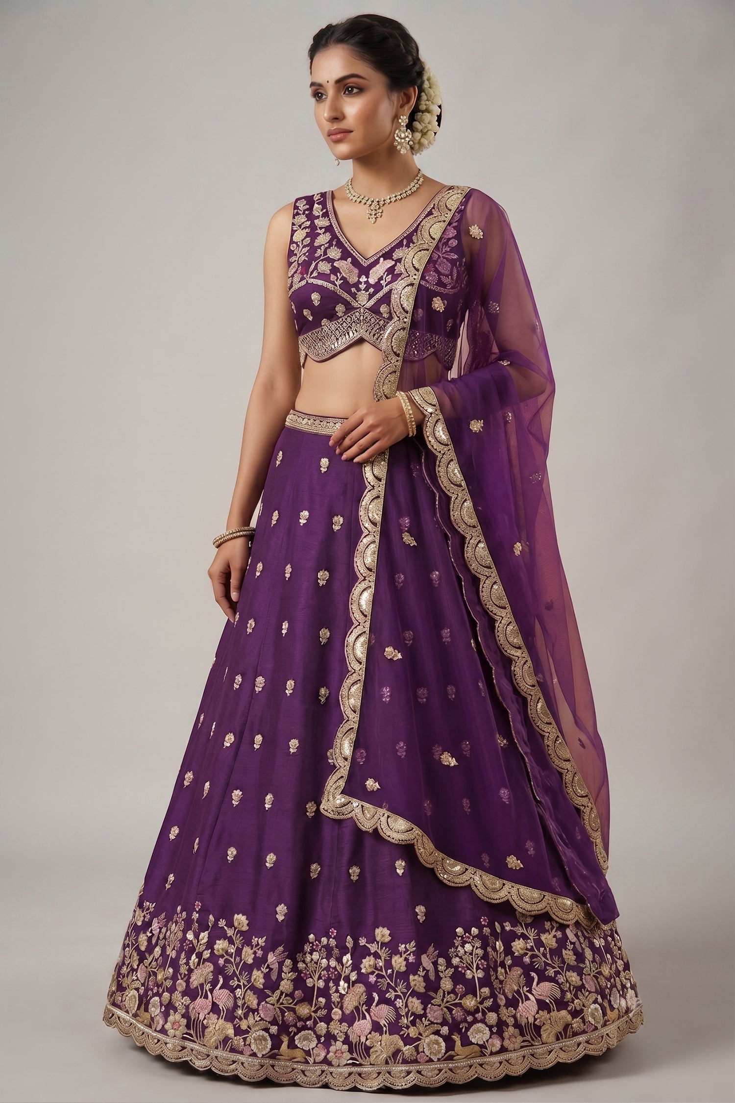Deep Royal Purple Chinon Silk Lehenga Choli with Pearl & Sequin Woodland Motifs Main image
