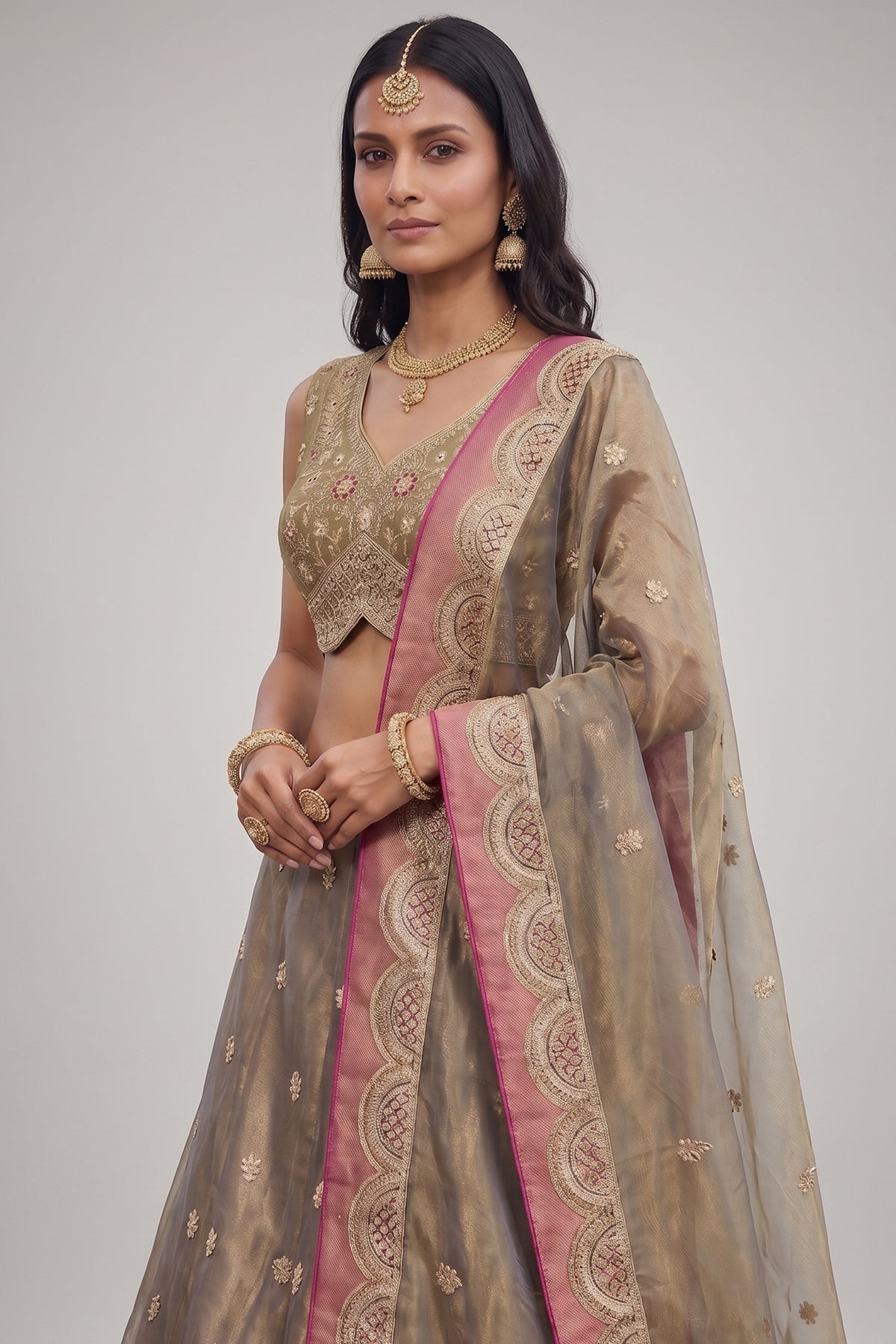 Bronzed Coffee Metallic Tissue Lehenga Choli with Pearl Sequin Work