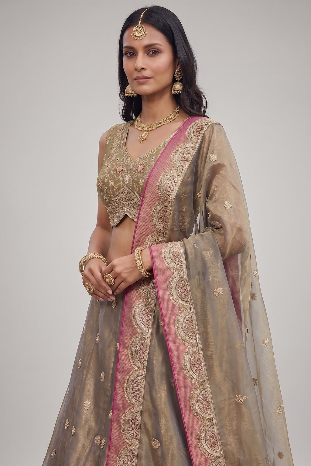 Bronzed Coffee Metallic Tissue Lehenga Choli with Pearl Sequin Work