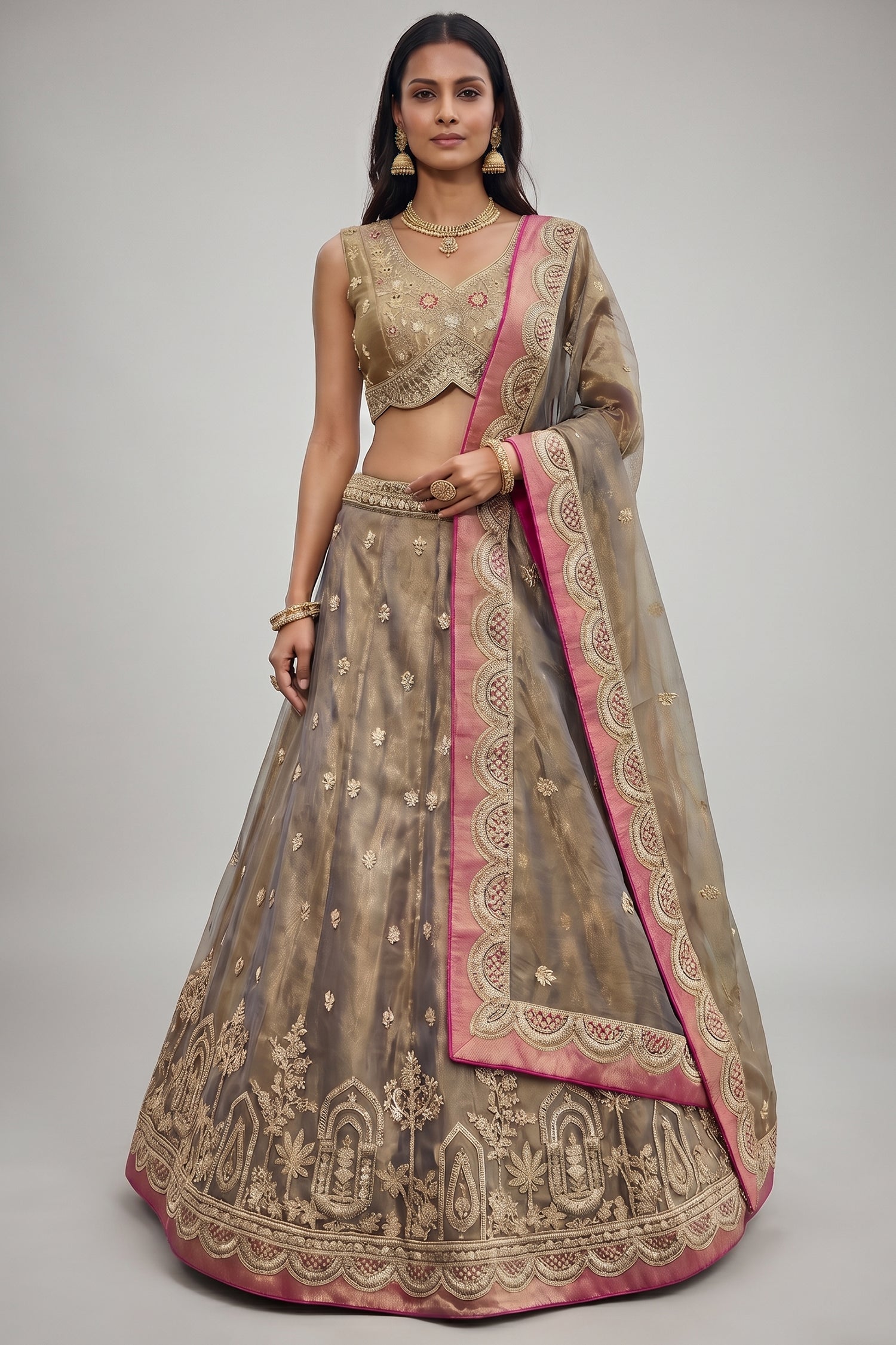 Bronzed Coffee Metallic Tissue Lehenga Choli with Pearl Sequin Work Main image