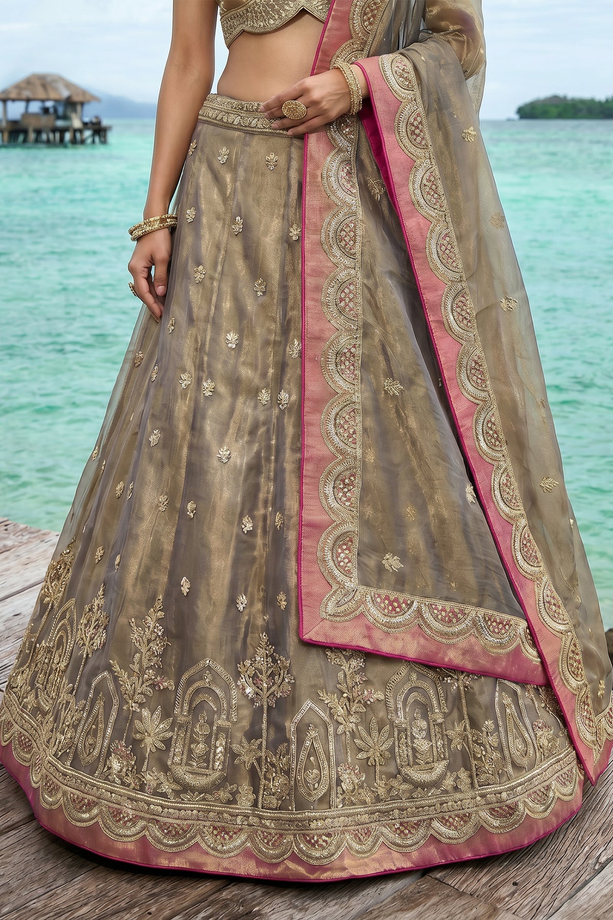Bronzed Coffee Metallic Tissue Lehenga Choli with Pearl Sequin Work