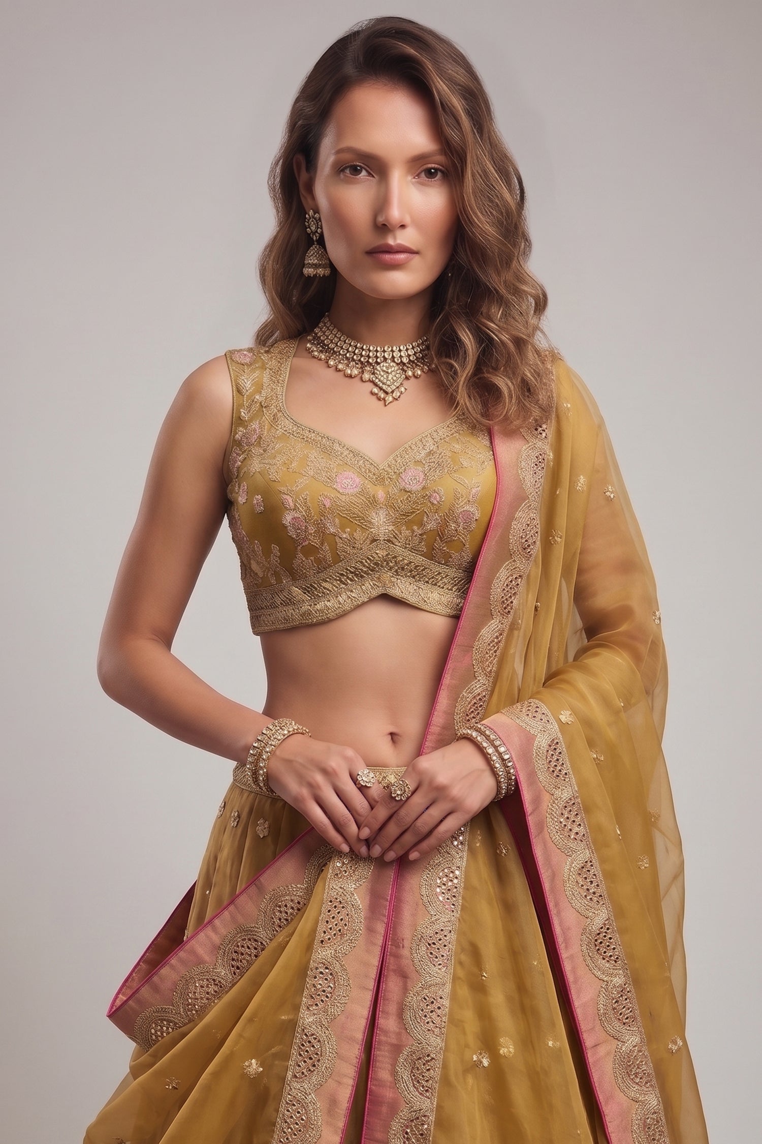 Olive Gold Tissue Lehenga Choli with Jharokha Pearl & Sequin Embroidery Secondary image