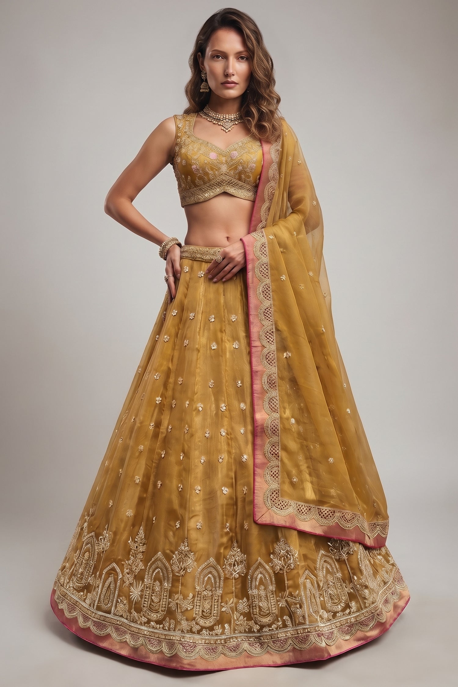 Olive Gold Tissue Lehenga Choli with Jharokha Pearl & Sequin Embroidery Main image