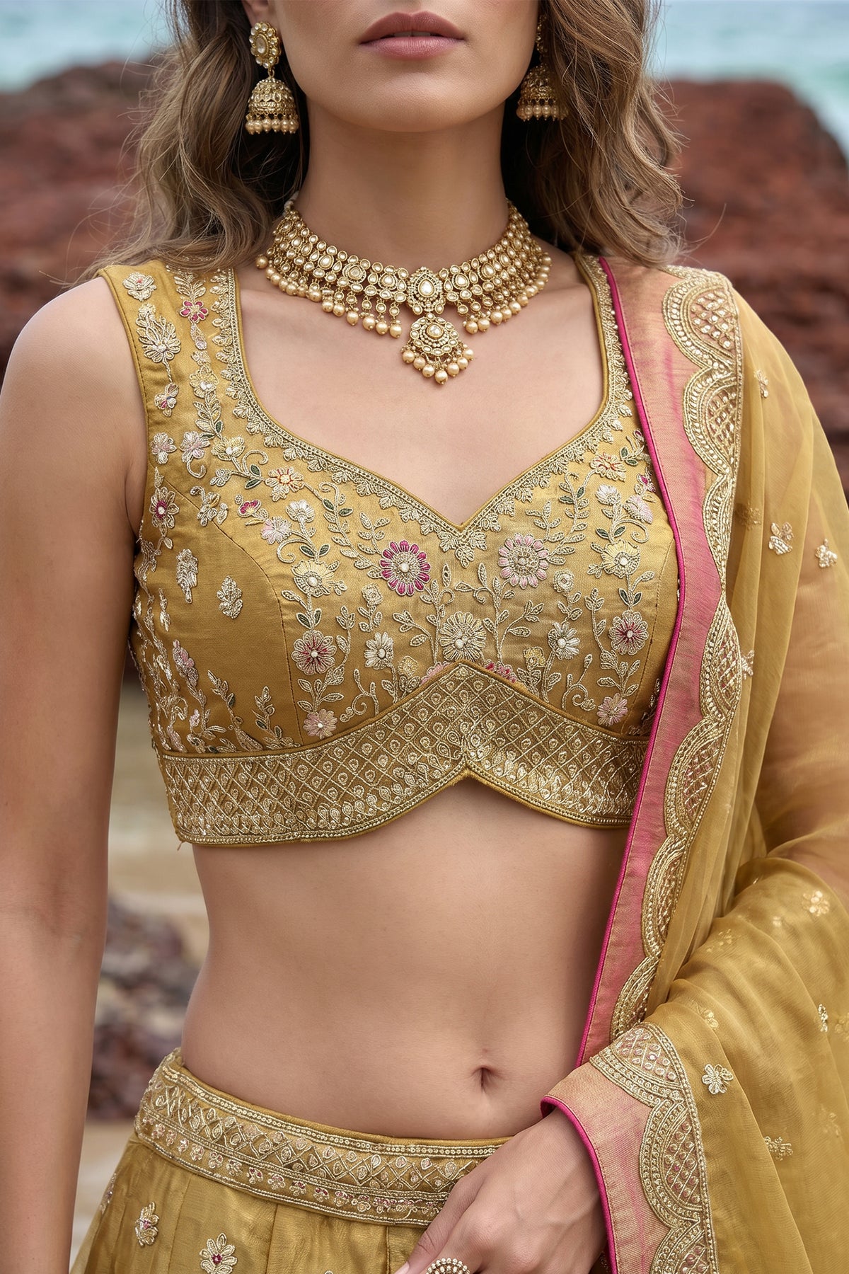 Olive Gold Tissue Lehenga Choli with Jharokha Pearl & Sequin Embroidery