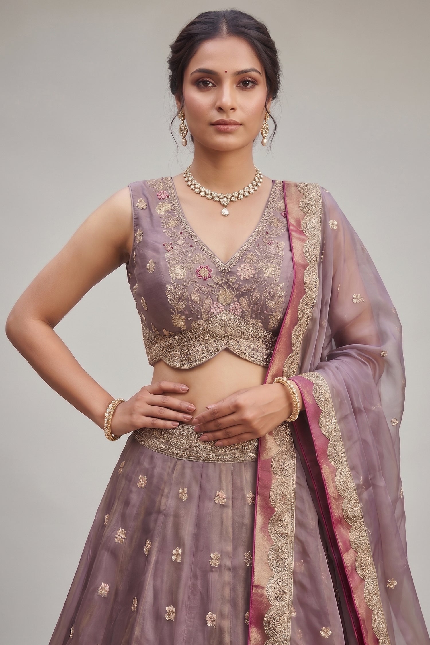 Dusty Purple Tissue Lehenga Choli with Jharokha Pearl & Sequin Embroidery Secondary image