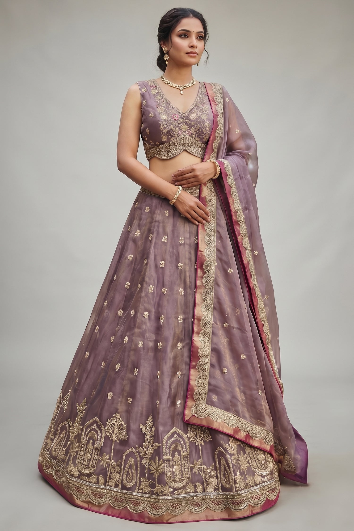 Dusty Purple Tissue Lehenga Choli with Jharokha Pearl & Sequin Embroidery Main image
