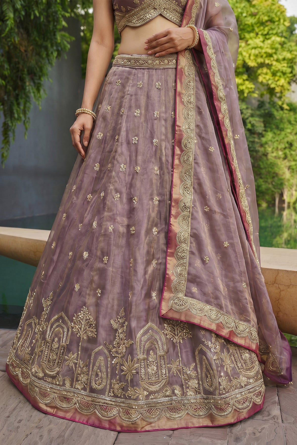 Dusty Purple Tissue Lehenga Choli with Jharokha Pearl & Sequin Embroidery