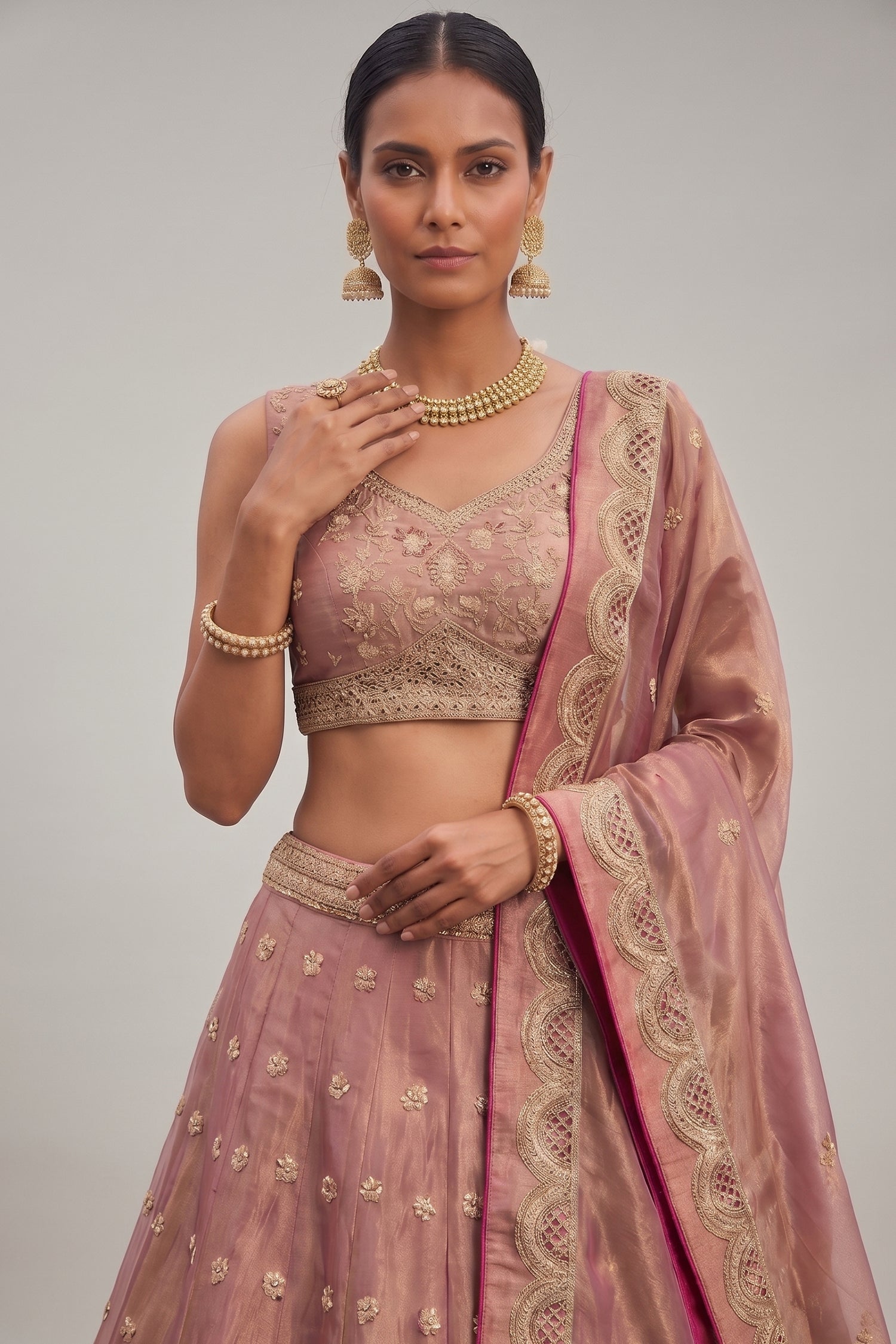 Rose Gold Metallic Tissue Lehenga Choli with Jharokha Pearl & Sequin Embroidery Secondary image