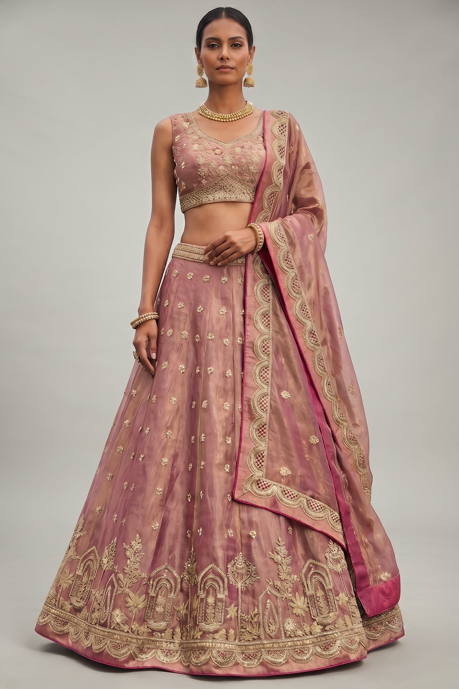 Rose Gold Metallic Tissue Lehenga Choli with Jharokha Pearl & Sequin Embroidery Main image