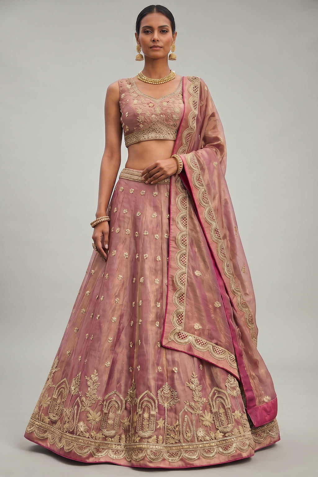 Rose Gold Metallic Tissue Lehenga Choli with Jharokha Pearl & Sequin Embroidery