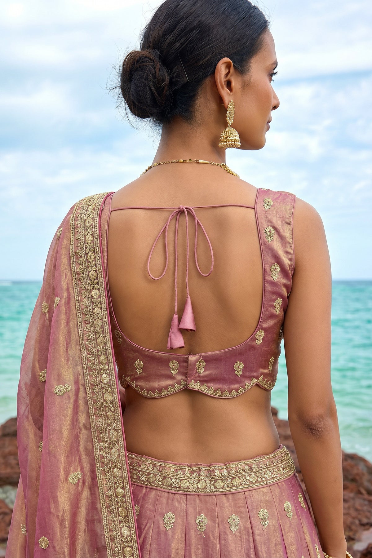 Rose Gold Metallic Tissue Lehenga Choli with Jharokha Pearl & Sequin Embroidery