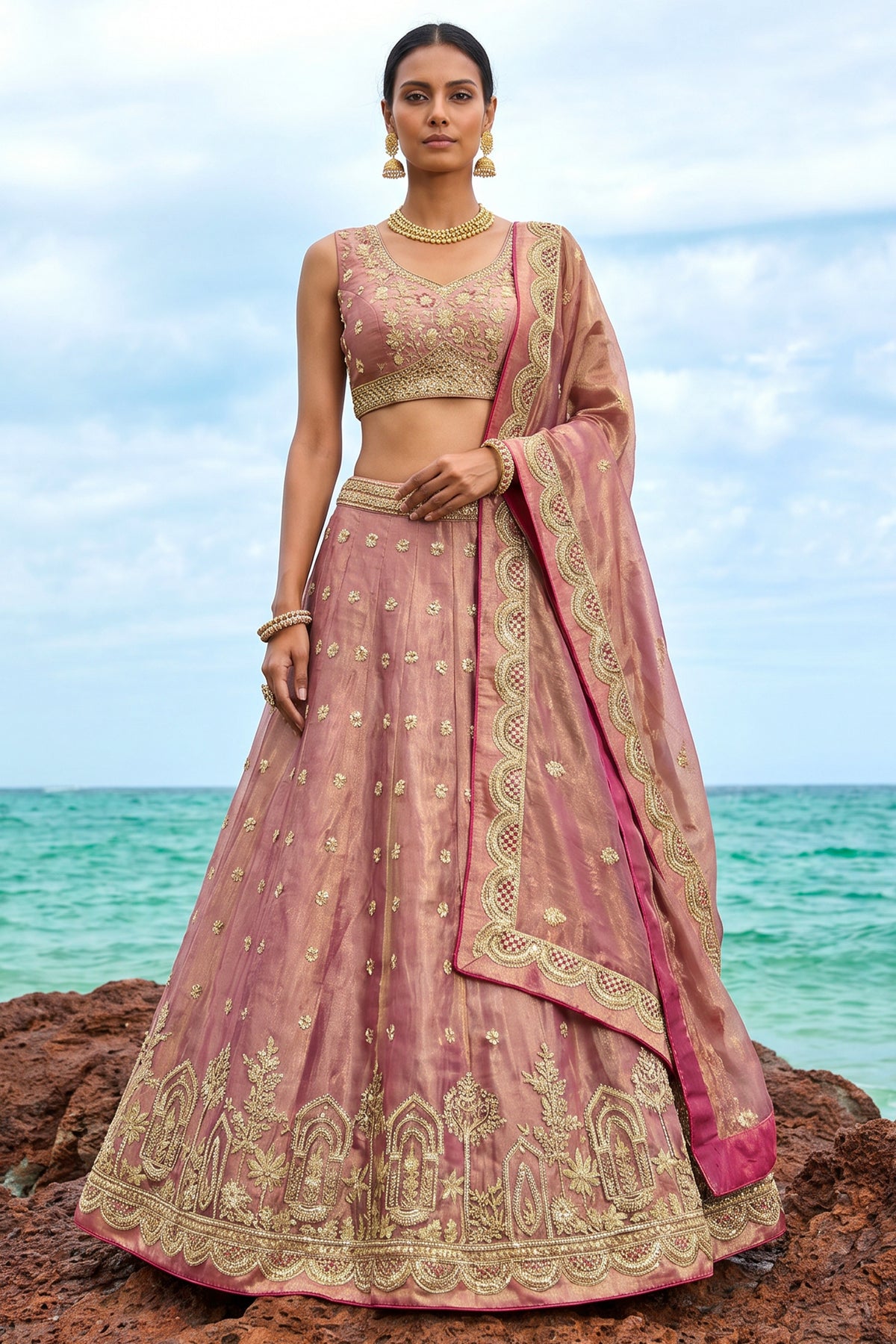 Rose Gold Metallic Tissue Lehenga Choli with Jharokha Pearl & Sequin Embroidery