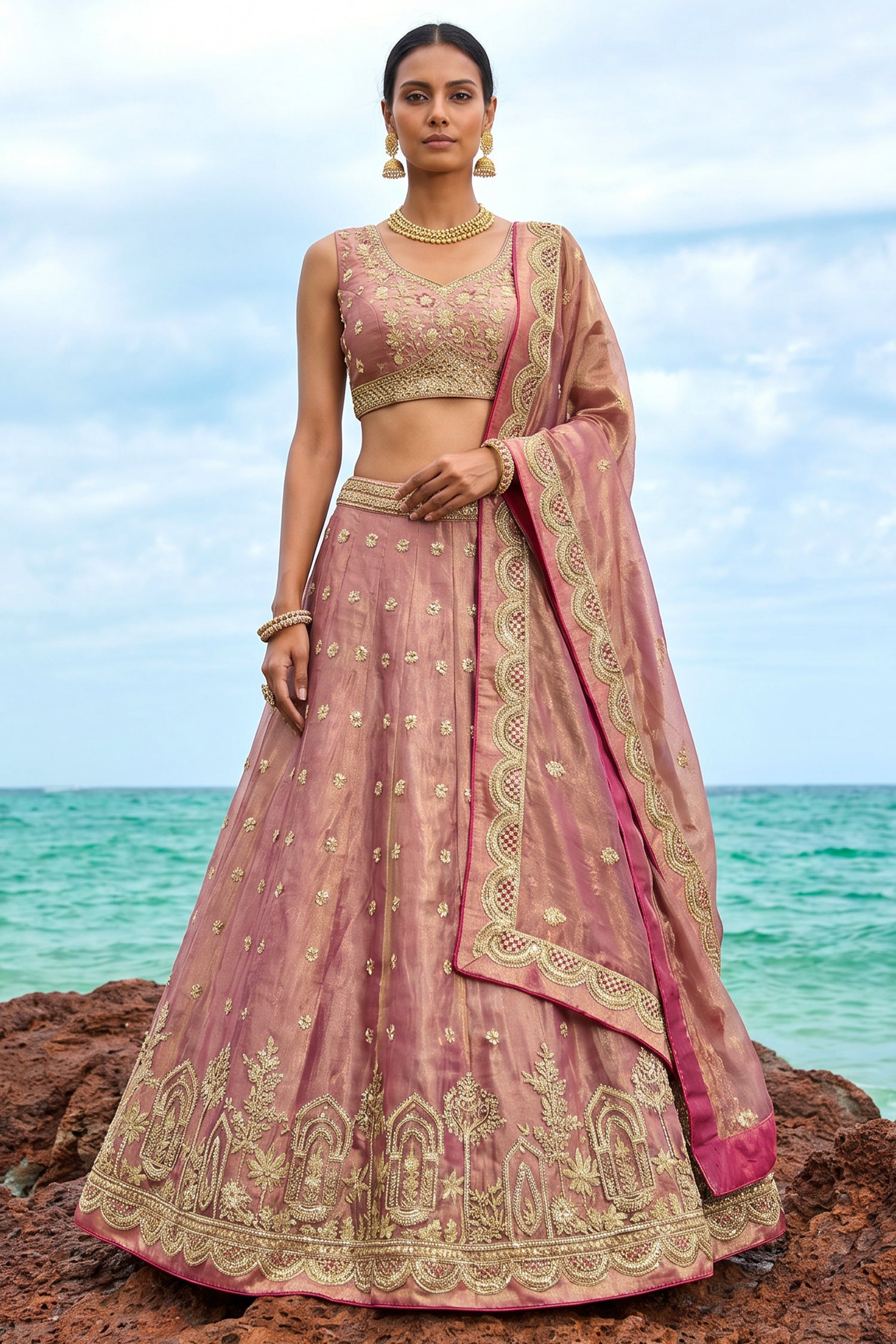 Rose Gold Metallic Tissue Lehenga Choli with Jharokha Pearl & Sequin Embroidery