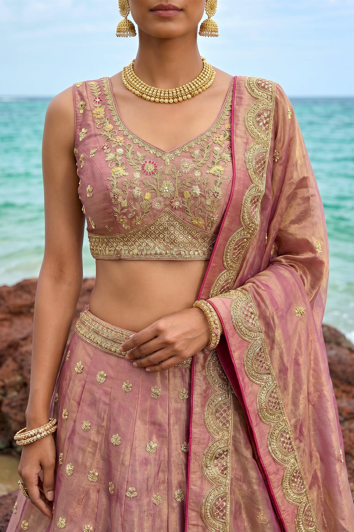Rose Gold Metallic Tissue Lehenga Choli with Jharokha Pearl & Sequin Embroidery