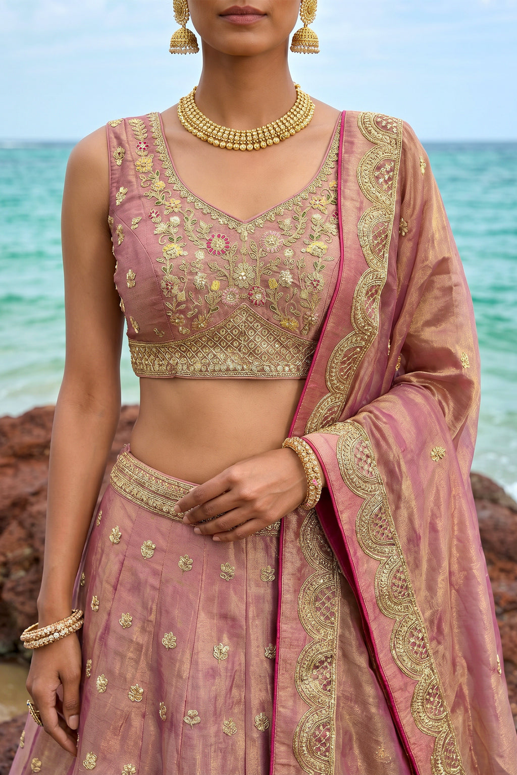 Rose Gold Metallic Tissue Lehenga Choli with Jharokha Pearl & Sequin Embroidery