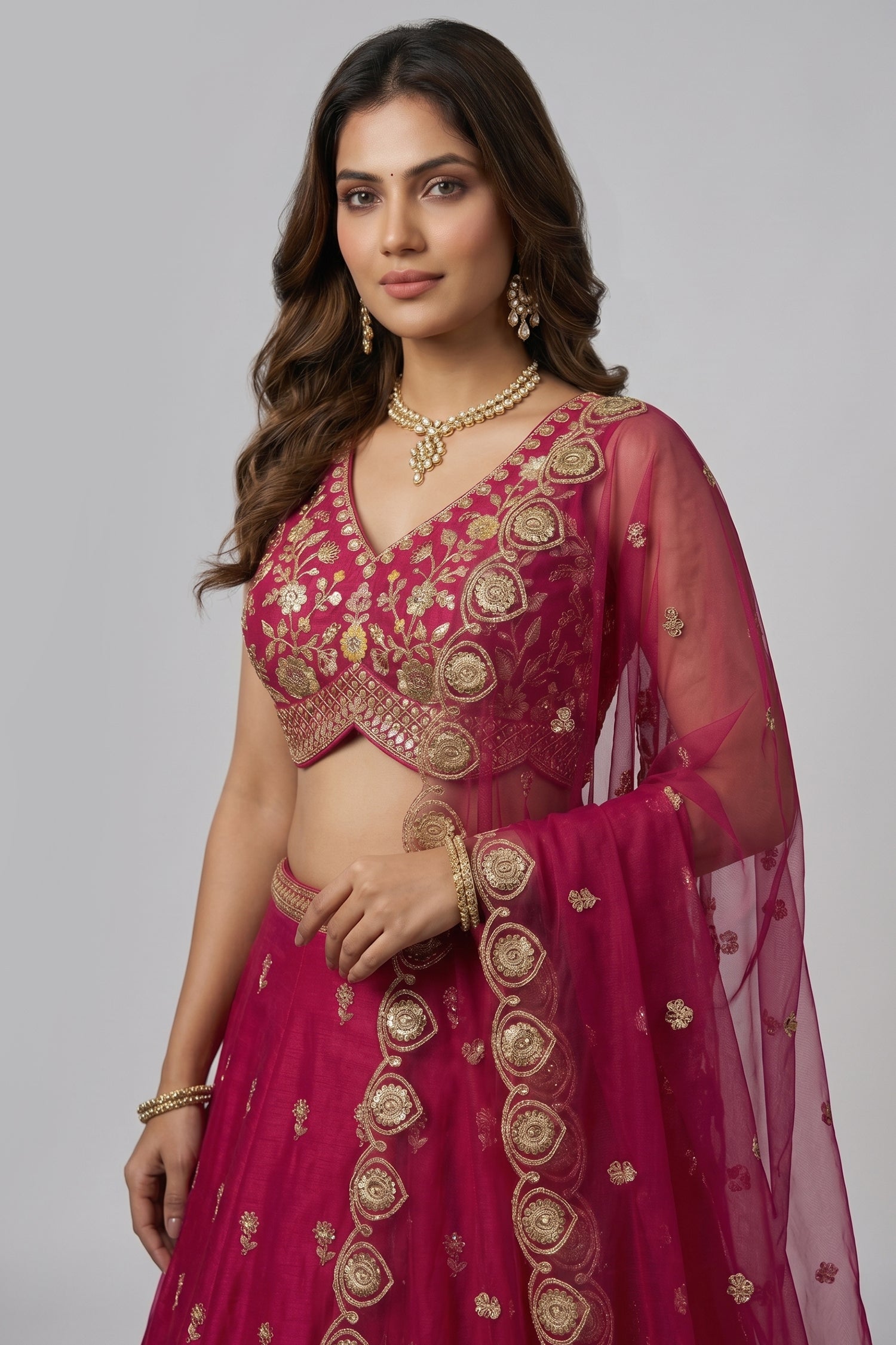 Cherry Red Tissue Lehenga Choli with Scalloped Jharokha and Peacock Embroidery Secondary image
