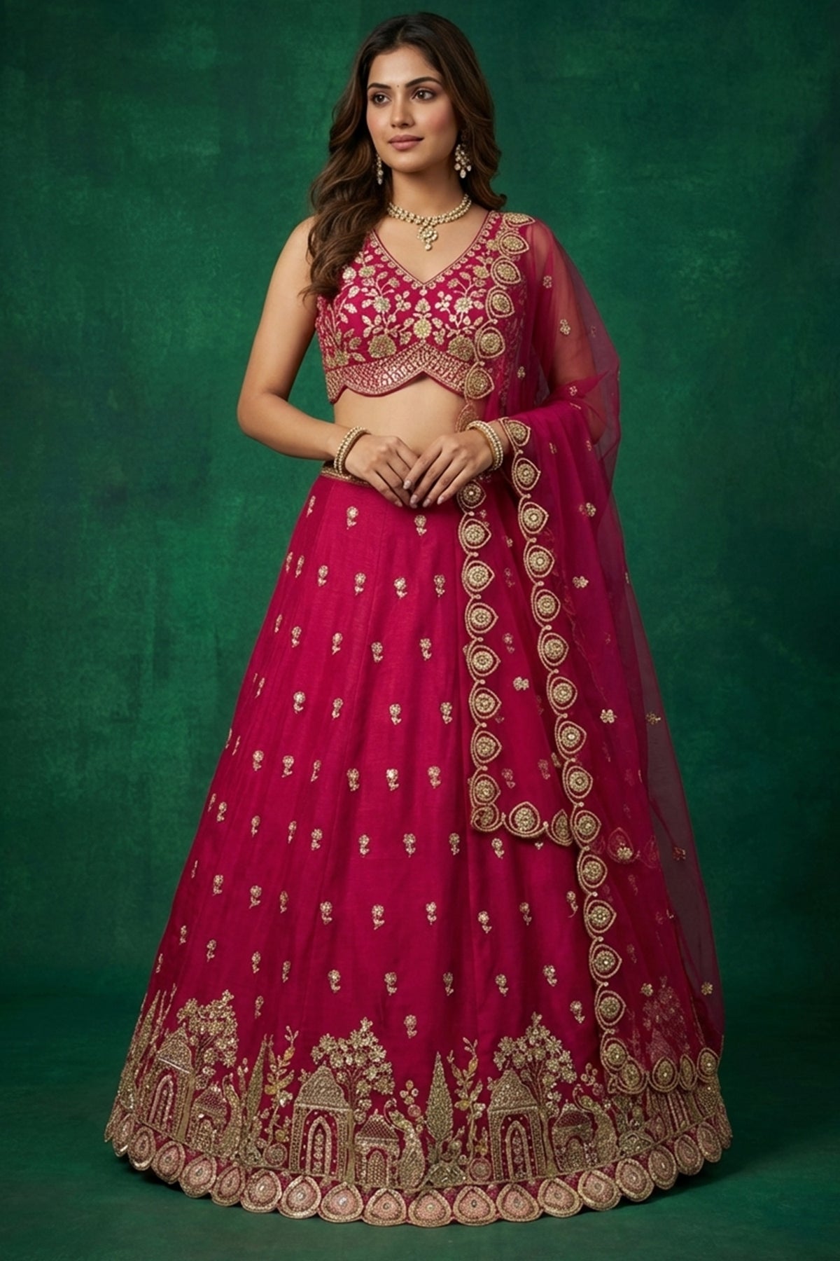 Cherry Red Tissue Lehenga Choli with Scalloped Jharokha and Peacock Embroidery