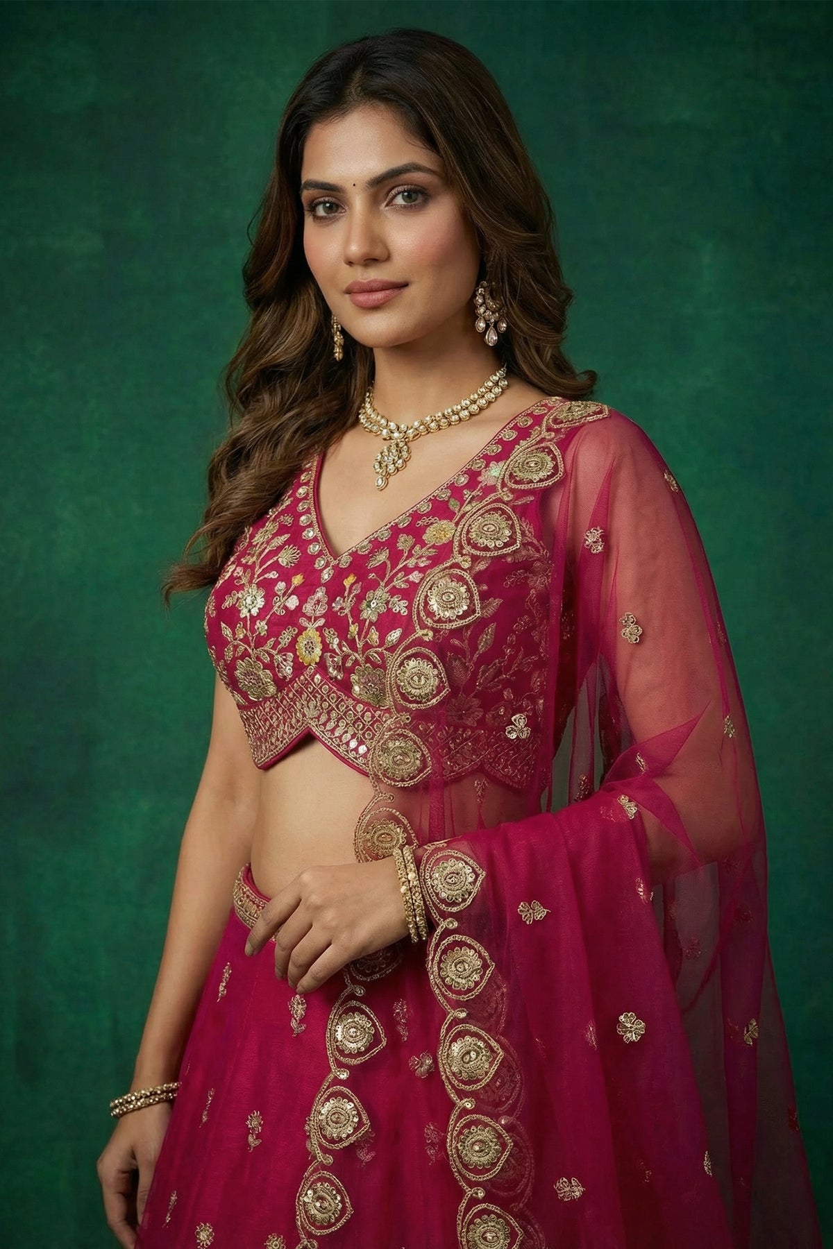 Cherry Red Tissue Lehenga Choli with Scalloped Jharokha and Peacock Embroidery