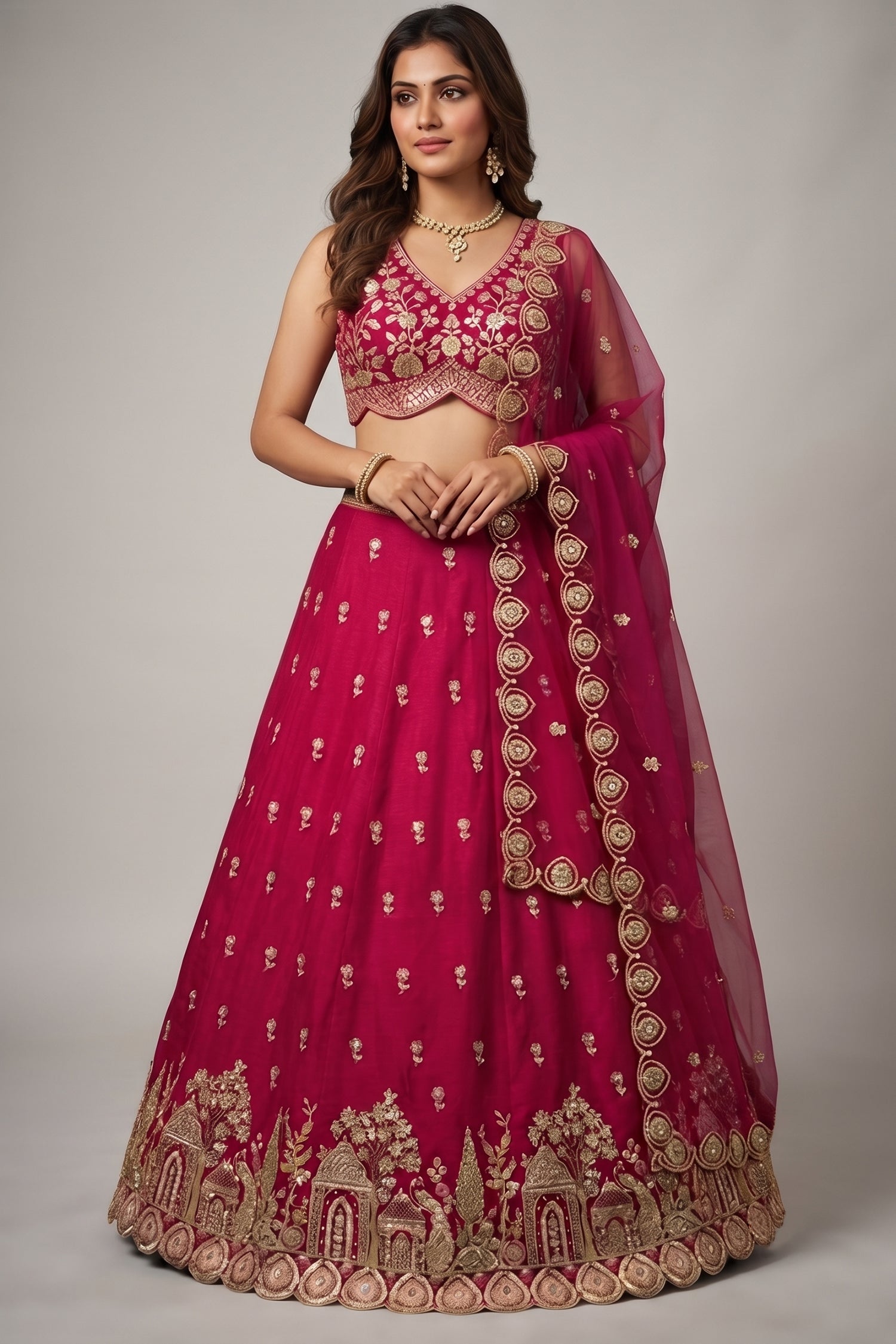Cherry Red Tissue Lehenga Choli with Scalloped Jharokha and Peacock Embroidery Main image