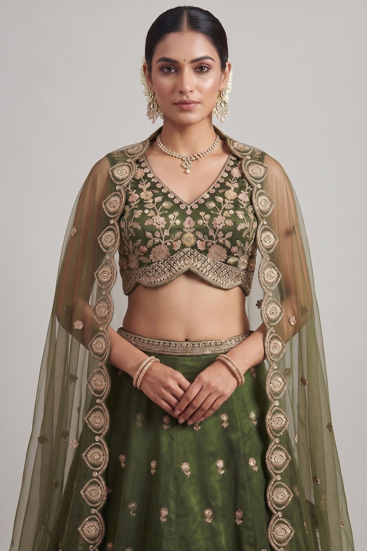 Mehendi Green Tissue Lehenga Choli with Scalloped Jharokha and Peacock Embroidery