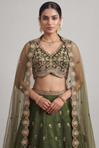 Mehendi Green Tissue Lehenga Choli with Scalloped Jharokha and Peacock Embroidery