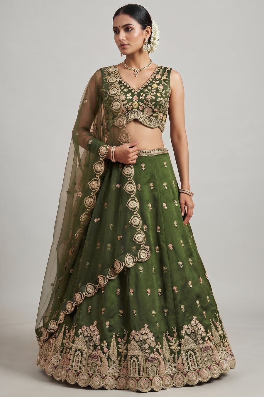 Mehendi Green Tissue Lehenga Choli with Scalloped Jharokha and Peacock Embroidery