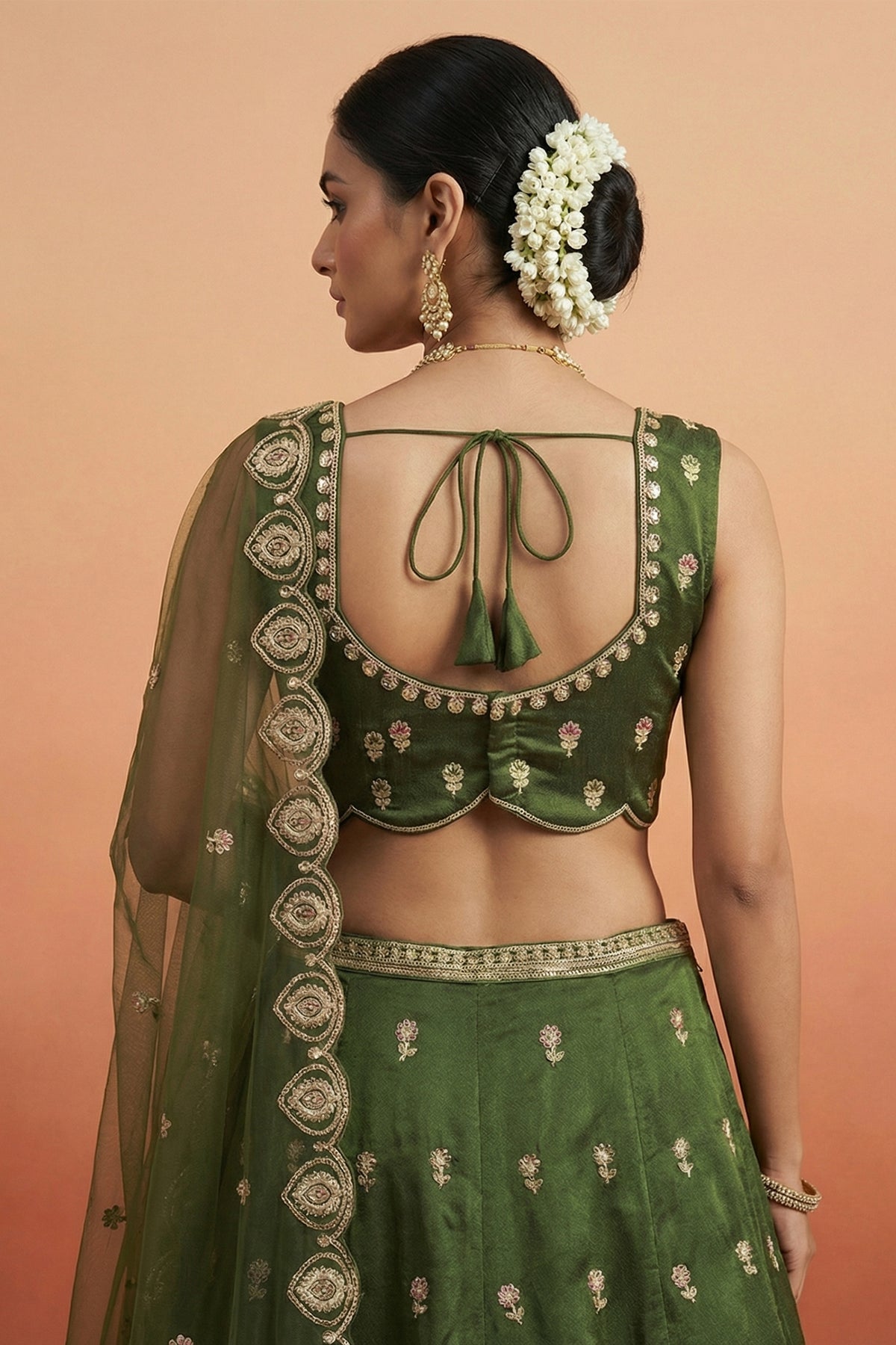Mehendi Green Tissue Lehenga Choli with Scalloped Jharokha and Peacock Embroidery