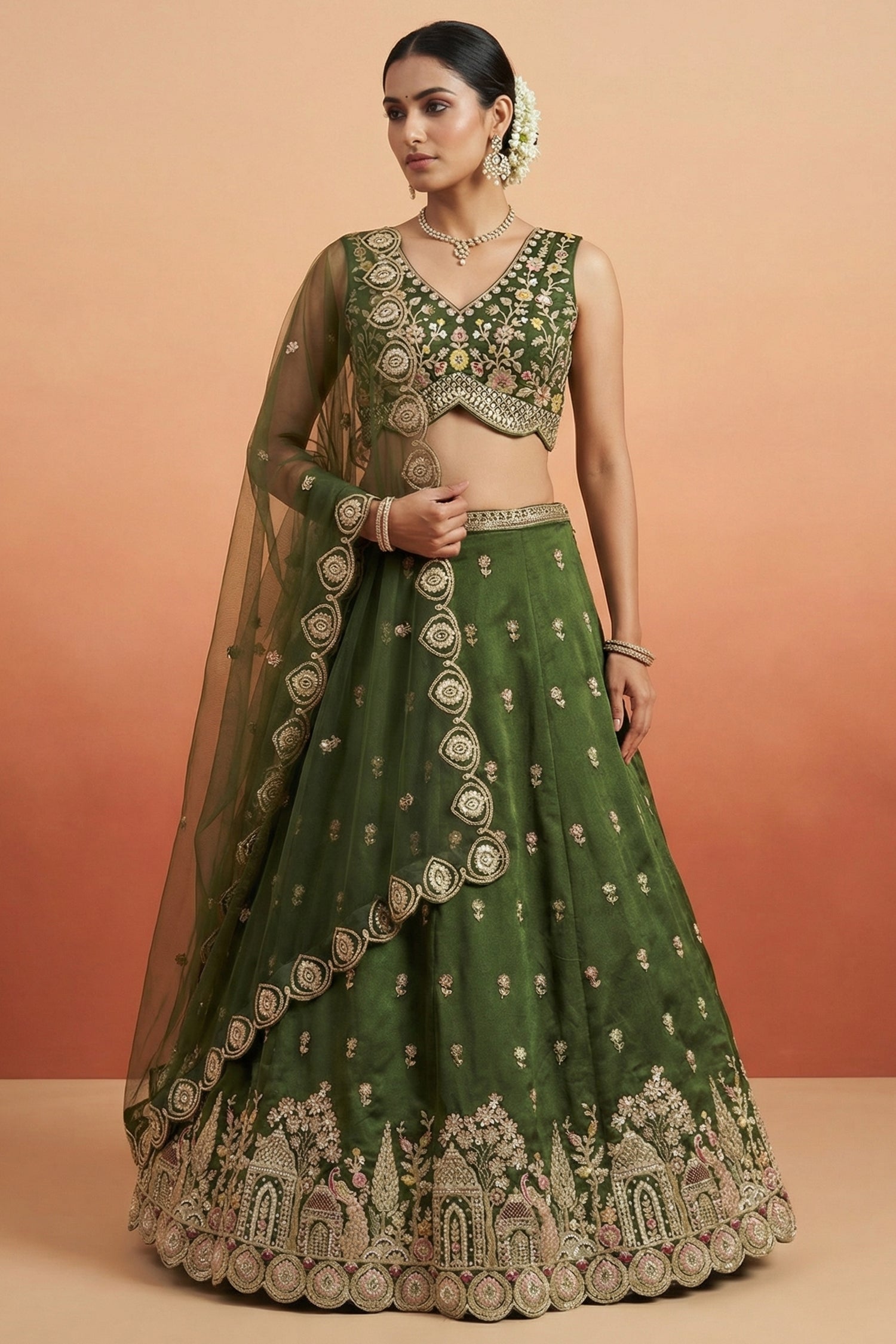 Mehendi Green Tissue Lehenga Choli with Scalloped Jharokha and Peacock Embroidery Secondary image