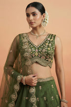 Mehendi Green Tissue Lehenga Choli with Scalloped Jharokha and Peacock Embroidery