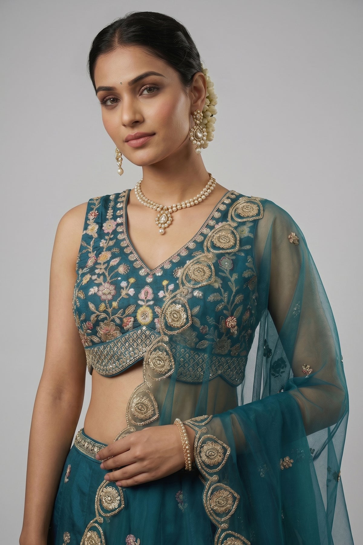 Teal Blue Tissue Lehenga Choli with Scalloped Jharokha and Peacock Embroidery