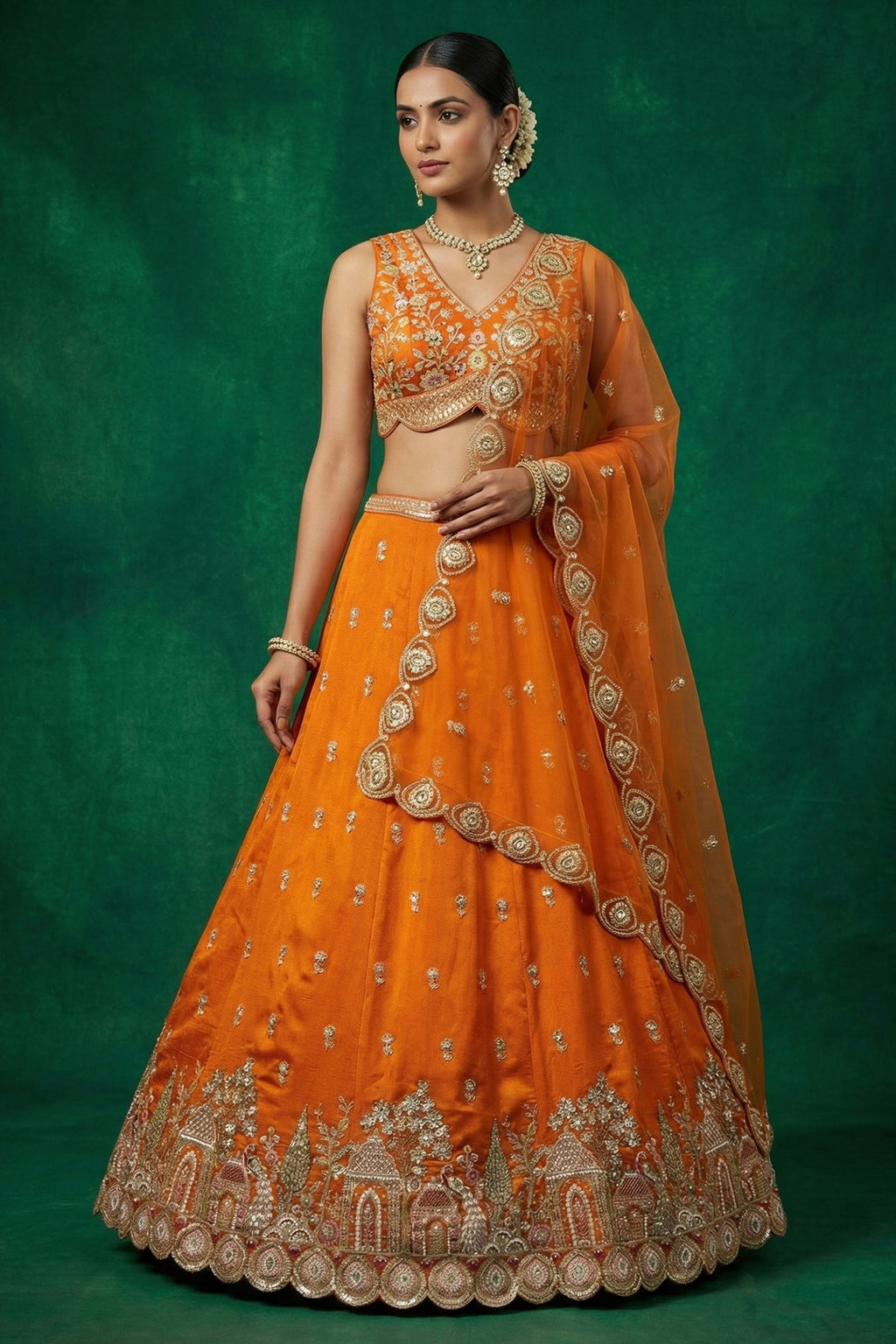 SunCholi Orange Tissue Lehenga Choli with Scalloped Jharokha and Peacock Embroidery
