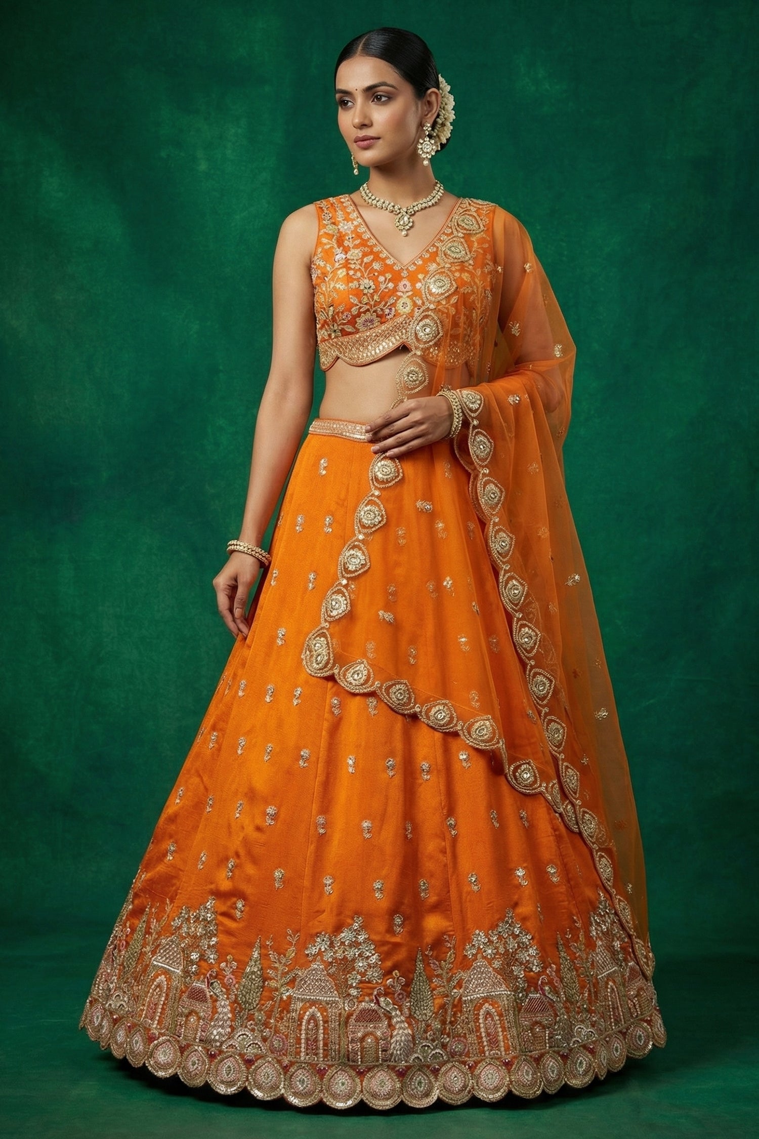 SunCholi Orange Tissue Lehenga Choli with Scalloped Jharokha and Peacock Embroidery