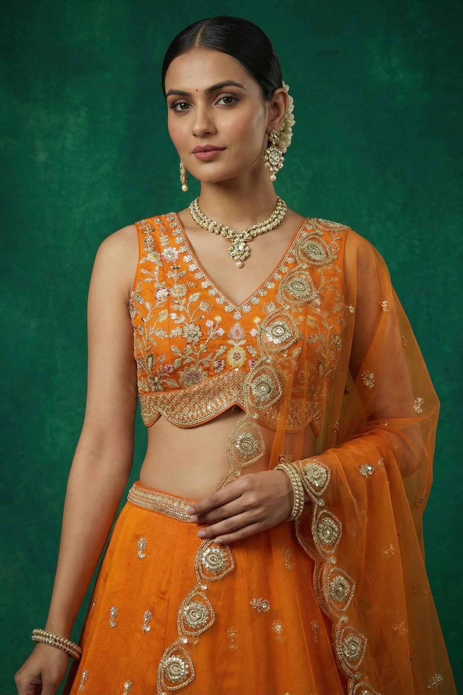 SunCholi Orange Tissue Lehenga Choli with Scalloped Jharokha and Peacock Embroidery