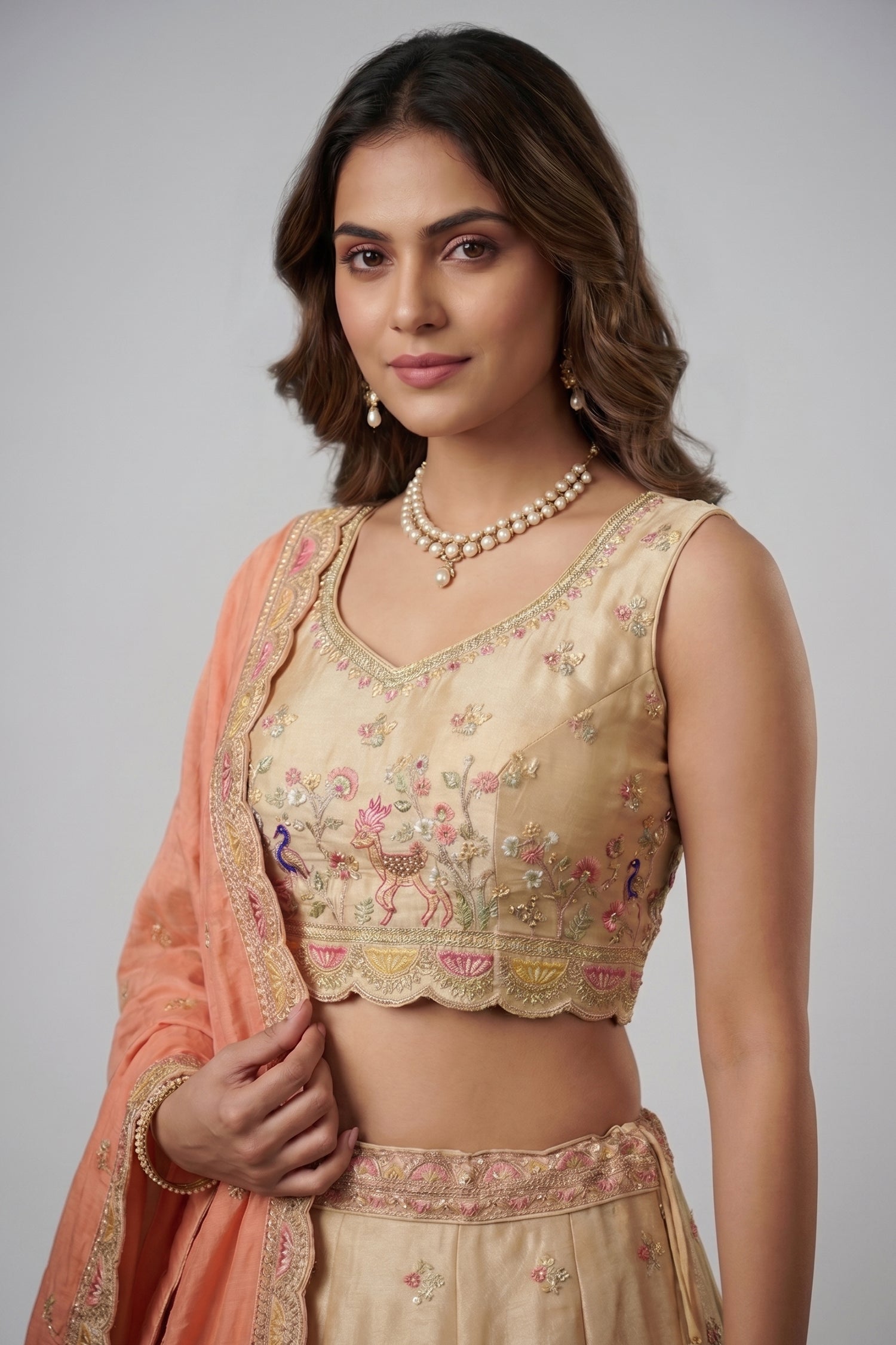Chiku Beige Tissue Lehenga Choli with Elephant Motifs & Contrast Coral Dupatta Secondary image