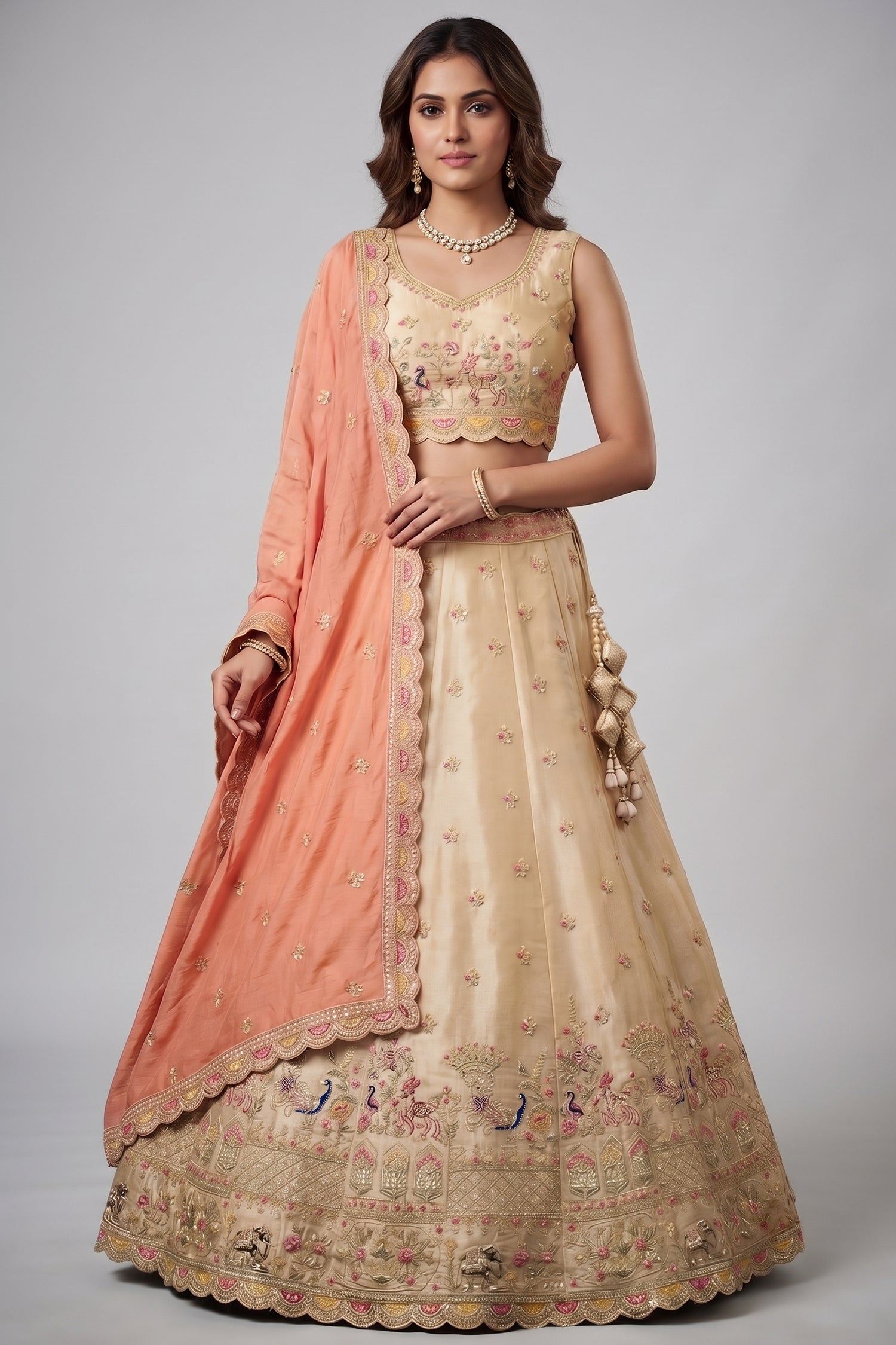 Chiku Beige Tissue Lehenga Choli with Elephant Motifs & Contrast Coral Dupatta Main image