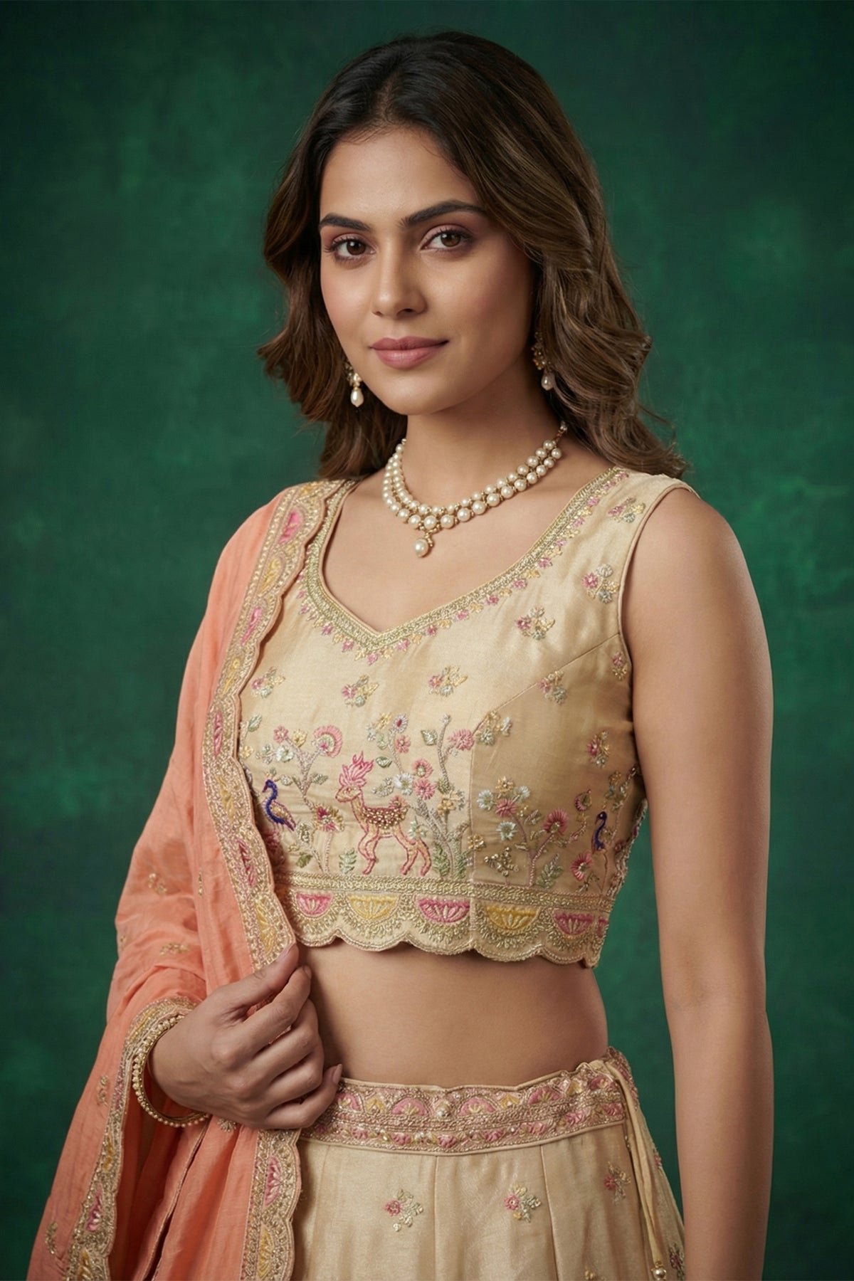 Chiku Beige Tissue Lehenga Choli with Elephant Motifs & Contrast Coral Dupatta