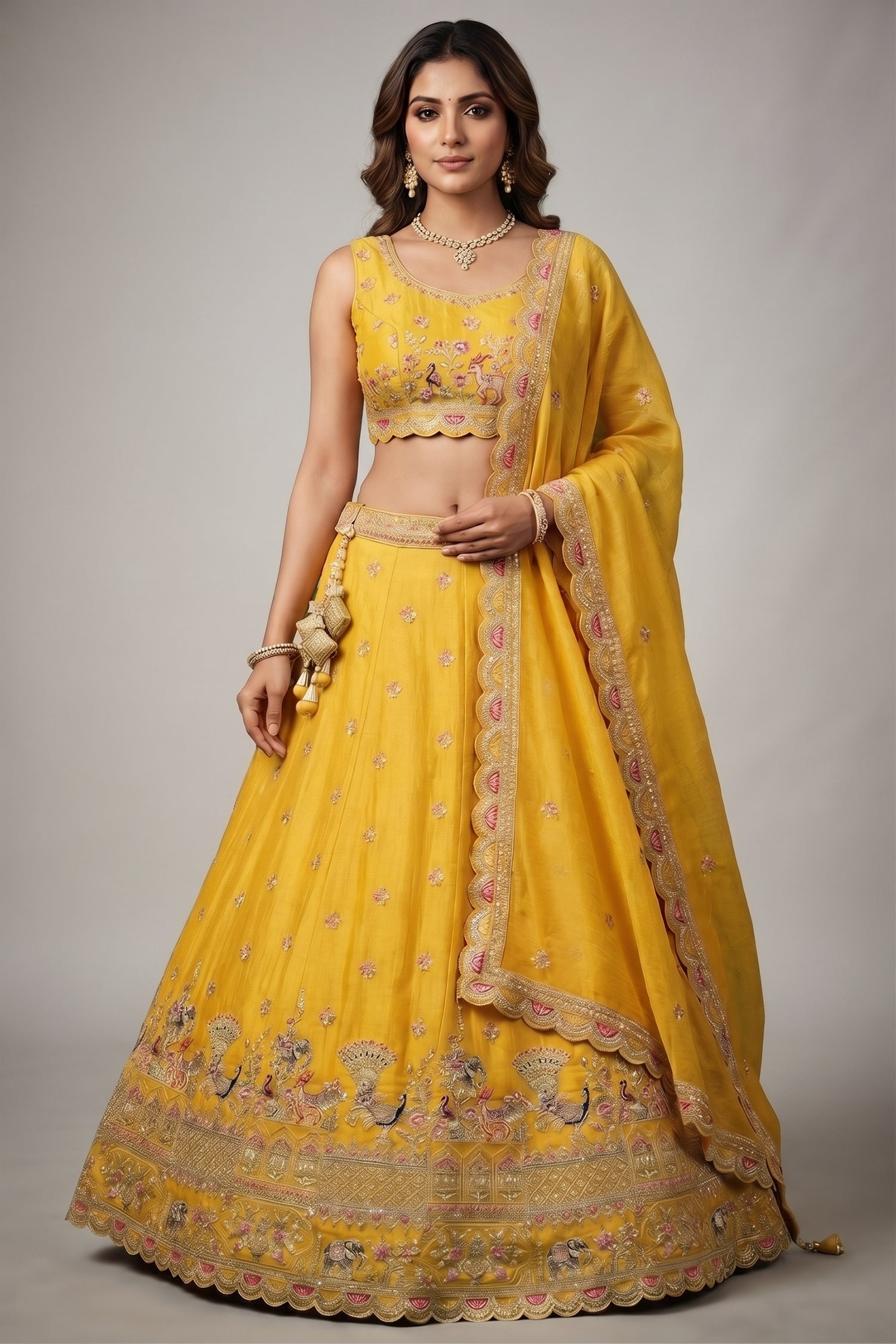 Bright Yellow Tissue Lehenga Choli with Elephant and Peacock Heritage Embroidery Main image