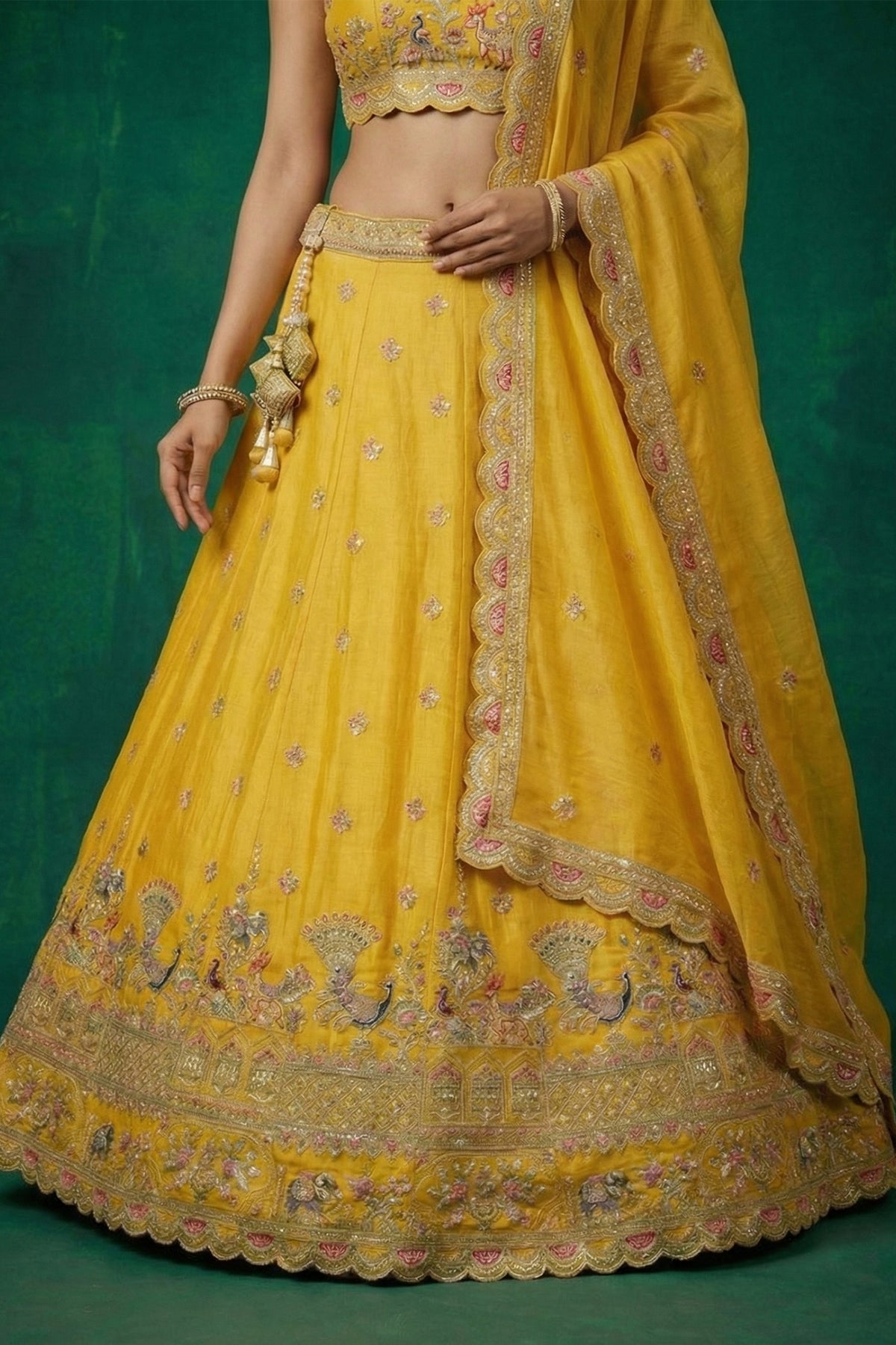 Bright Yellow Tissue Lehenga Choli with Elephant and Peacock Heritage Embroidery