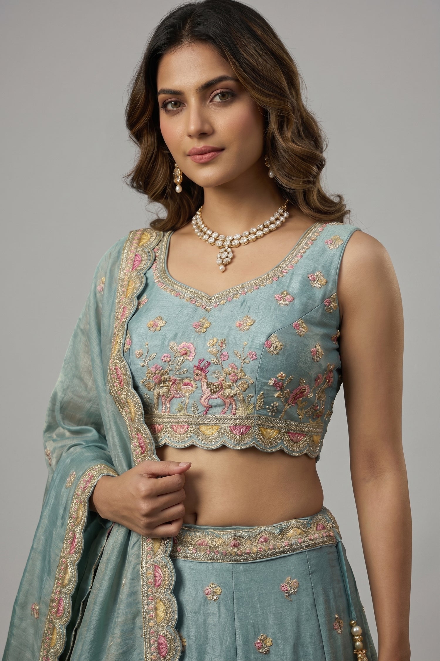 Light Turquoise Tissue Lehenga Choli with Elephant and Peacock Heritage Embroidery Secondary image