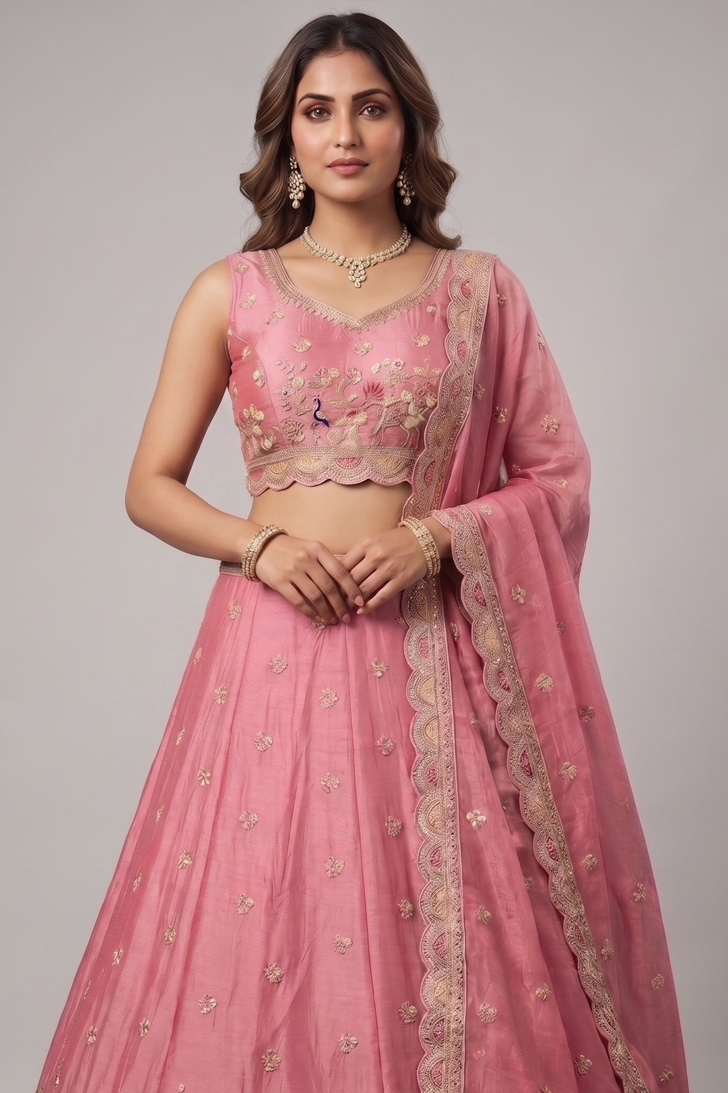 Pink Tissue Lehenga Choli with Elephant and Peacock Heritage Embroidery Secondary image