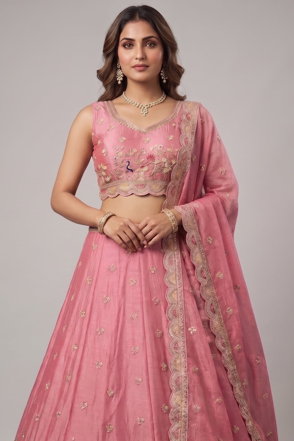 Pink Tissue Lehenga Choli with Elephant and Peacock Heritage Embroidery