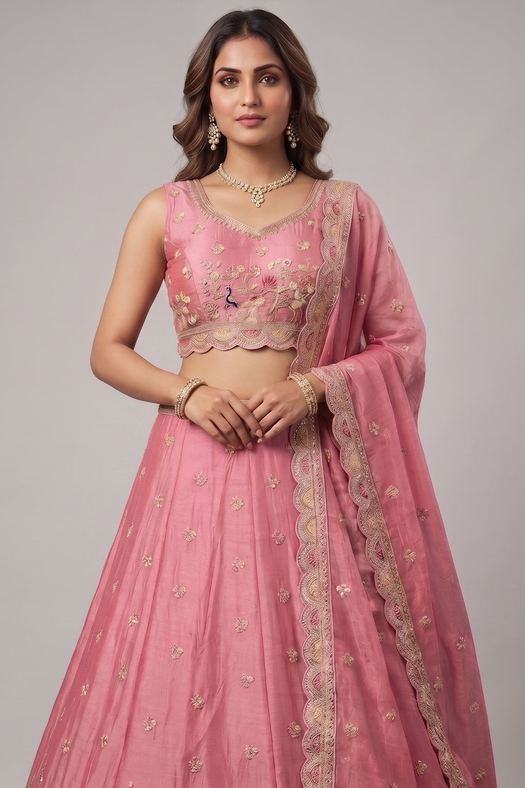 Pink Tissue Lehenga Choli with Elephant and Peacock Heritage Embroidery