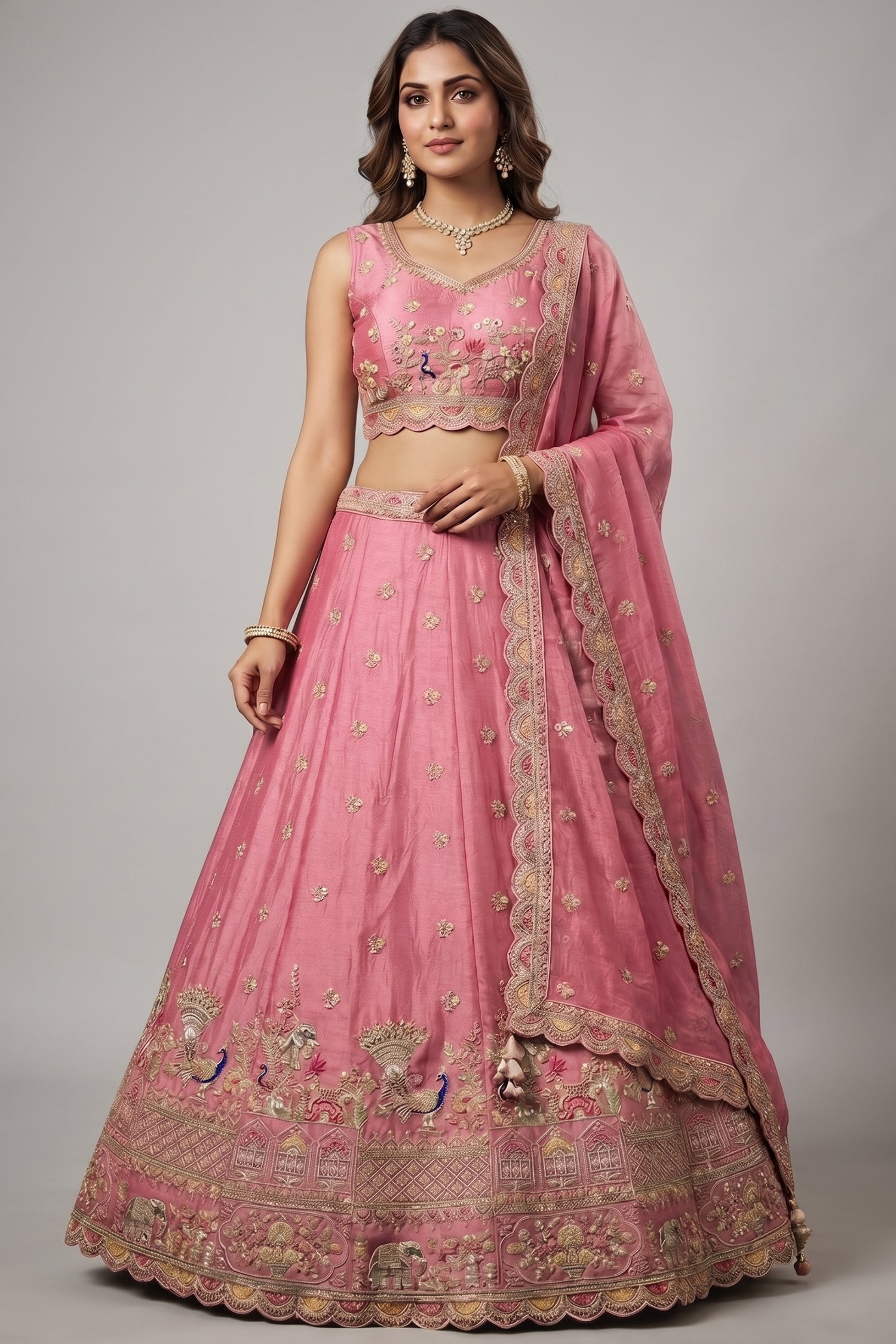 Pink Tissue Lehenga Choli with Elephant and Peacock Heritage Embroidery Main image